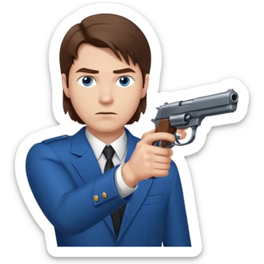 guy w medium long brown hair and blue eyes with gun pointed towards him sticker