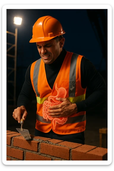 a construction worker in a reflective vest and hard hat is laying bricks at a nighttime construction site, illuminated by strong work lights. He pauses, one hand on his abdomen with a pained or uncomfortable expression, while the other holds a trowel. In the background, scaffolding and machinery are visible under the night sky. Subtle icons or overlays highlight digestive organs, suggesting the need for intestinal balance. sticker