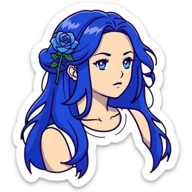 head portrait of anime girl with long dark blue hair, blue rose in hair, blue eyes, JoJo's Bizarre Adventure art style, dramatic look, head only sticker