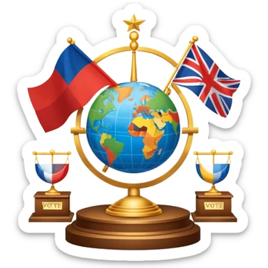 icon featuring podium with a speaker, national flags, and voting ballots, symbolizing political science. The design includes a globe and scales of justice in the background, representing governance, global affairs, and political theory. Transparent background emphasizes civic engagement and policy. sticker
