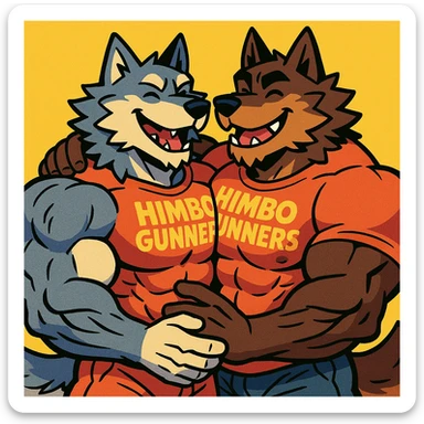 two hyper-muscular wolf furry characters wearing 'Himbo gunners' t-shirts, hugging, big smiles, playful and affectionate, oversized and detailed muscles, intricate fur, high quality sticker