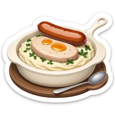 Cinematic Realistic Bangers and Mash Dish Emoji, featuring succulent pork sausages paired with creamy mashed potatoes rendered with detailed textures and natural highlights that emphasize its robust, hearty flavor. sticker