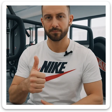 The man in the photo is making the OK gesture with his thumb up, showing a serious but positive expression, in a gym environment, photorealistic style. sticker