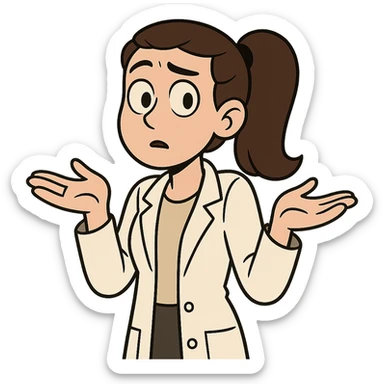 scientist woman shrugging, brunette ponytail, curious, lab coat, cartoon style sticker