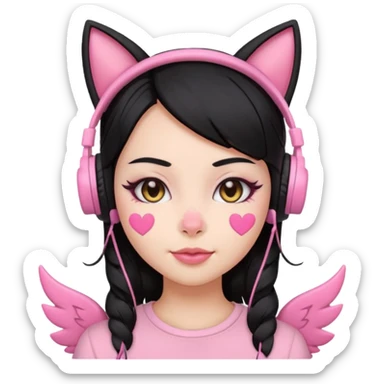 “Emoji girl, pastel pink streaks in black hair hair, bold winged eyeliner, heavy blush on cheeks and nose bridge, under-eye hearts, glossy pink lips, playful smirk and gaming headphones and cat ears.” sticker