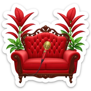 red velvet loveseat with a mic in front, plant in back, and sparkles sticker