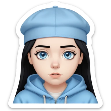 billie eilish wearing backwards cap, black hair, black eyeliner, light blue eyes sticker