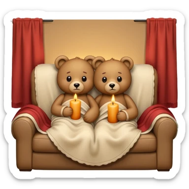 Two cozy teddy bears cuddling wrapped in a blanket watching tv on couch with candles next to them sticker