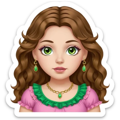 Girl long wavy brown hair with middle part. green gold eyes, plus size, pink frilly top,  gold nose ring. Long eyelashes. sticker
