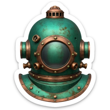 3D render of Antique Diver Helmet, heavily oxidized copper texture, verdigris patina, Bronze helmet with heavy green crust, weathered bronze aesthetic, ancient decay, emoji style, isolated on white background --v 6.0. sticker