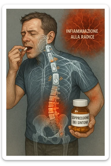 Man taking pain medication for chronic back pain, pills shown as dimmer switches turning down pain signals in transparent nervous system overlay, underlying spinal damage remaining completely untreated and worsening, expression of temporary relief masking progressive deterioration, medication bottle labeled 'symptom suppression' not 'cure', root cause inflammation continuing to spread in italiano sticker