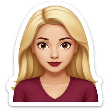 Puerto Rican actress Linette Torres with warm light skin, attractive elegant features, expressive eyes, well-defined eyebrows, straight nose, friendly smile, long blonde hair, wearing a fashionable burgundy top sticker