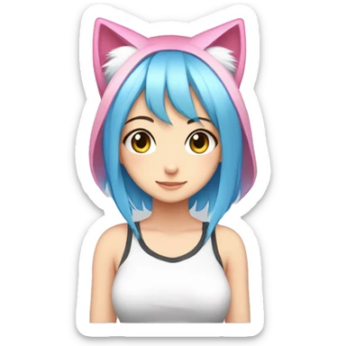 anime girl, cat ears, different eye colors, one white eye,  blue hair, pink hair sticker