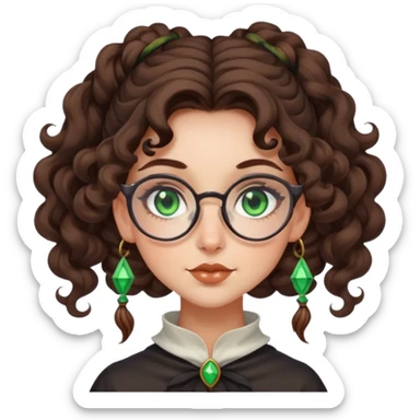 Witchy whimsical girl with brown curly long hair in a bun, square glasses and green eyes sticker