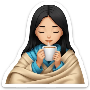 Black straight hair, tanned skin girl inside a blanket sipping coffee eyes closed sticker
