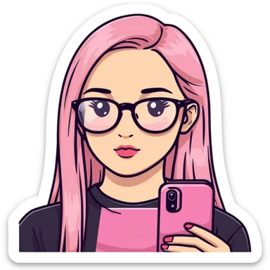 Teenage girl taking a selfie in a school bathroom. Long straight blonde hair with pink dye, rectangular glasses, black shirt, neutral expression with slightly glossy lips sticker