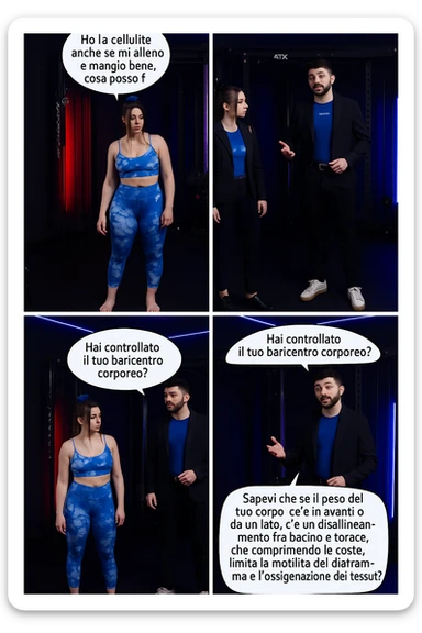 TRASFORMA QUESTO CAROSELLO IN UN FUMETTO CON QUESTE DUE PERSONE IDENTICHE CHE INTERLOQUISCONO TRA LORO:

LEI: Ho la cellulite anche se mi alleno e mangio bene, cosa posso fare?

LUI: Hai controllato il tuo baricentro corporeo?
Sapevi che se il peso del tuo corpo cade in avanti o da un lato, c’è un disallineamento fra bacino e torace, che comprimendo le coste, limita la motilità del diaframma e l’ossigenazione dei tessuti?
Il mio è il primo e unico percorso che lavora sugli inestetismi con un lavoro mirato sul baricentro corporeo. sticker