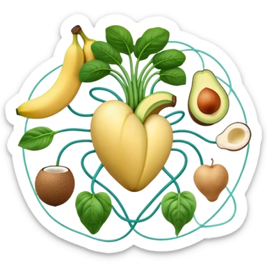 Banana, avocado, potato, spinach, coconut, white beans, and melon surrounding a glowing heart and nervous system network. Gentle electrical waves flow from the foods to the organs and muscles, illustrating how potassium maintains fluid balance and electrical stability throughout the body. sticker