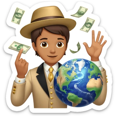 rich person spinning the earth on a finger, dressed in fancy clothes with money flying around sticker