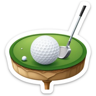 A close-up golf ball on a tee, with a golf club placed beside it, set on a well-manicured green. The background is a peaceful golf course with a clear blue sky, emphasizing the tranquility and skill required for the sport. sticker