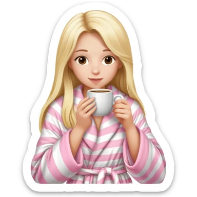 girl with long blonde hair sipping a coffee with light pink striped fluffy robe sticker