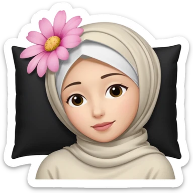 The image is a close-up selfie of a young woman wearing a white hijab. She is lying on her back with her head resting on a black pillow. She has a pink flower in her hair and is looking directly at the camera with a slight smile on her face sticker