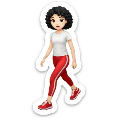generate a pretty bratz fair skinned girl with curly black hair wearing a white tshirt trekking on a hill with red sneakers on and black leggings.  Put a hill behind her sticker