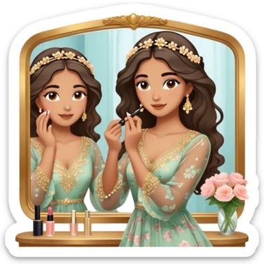  Middle Eastern-inspired moment of a woman getting ready in front of a mirror. She wears a delicate floral dress with sheer, flowy sleeves, accessorized with gold jewelry and traditional pearl-adorned hair clips. Her  as she applies mascara and eyeliner , her reflection revealing a soft smile.  sticker