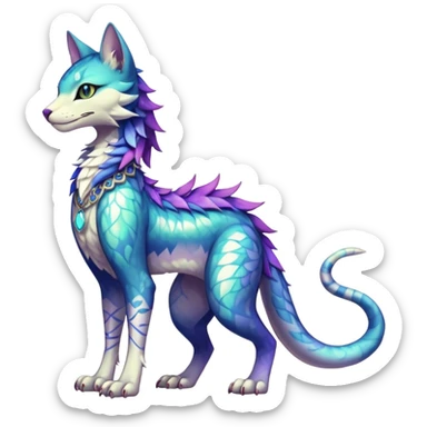 Kawaii iridescent beautiful pretty elegant divine edgy fantasy feline-vernid-sergal-Fakémon-fursona-animal-creature with accessories, full body, with intricate detailed markings sticker