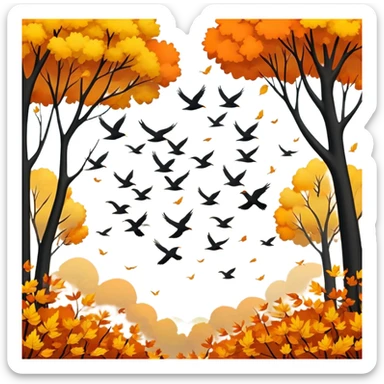 a flock of birds flying above trees with orange and yellow leaves, autumn scene sticker