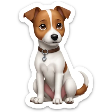 cinematic-[jack Russel terrier]-realistic-full-body-sitting-emoji,-tail-resting-loosely-beside-its-paws,-head-tilted-dramatically, -sleek-[brown and white]-fur,-simplified-yet-realistic-focused-features,-highly-detailed,-glowing-with-an-almost-sarcastic-glow sticker