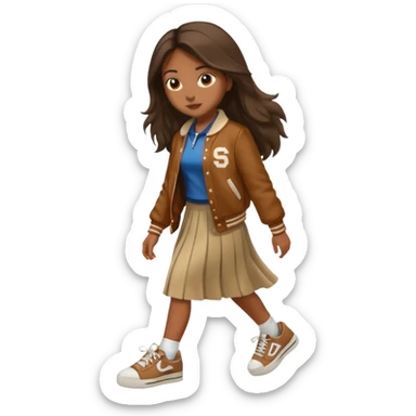 black color long hair girl with brown varsity jacket and long skirt walking  sticker