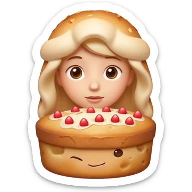 Apple-style emoji illustration of a cuteperson  with dreamy eyes thinking of a traditional panettone, small hearts floating around, soft 3D emoji style, smooth gradients, rounded shapes, warm festive colors, simple expression, centered composition, transparent background, no text. sticker