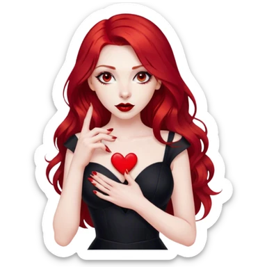 a pretty woman with long red hair and red eyes. The woman wear a black little cutted dress. She have red lipstick and she have a seductive look. She do a heart shape with her fingers sticker