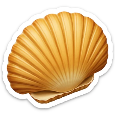 A madeleine pastry. Oval seashell shape with ONLY four to five vertical lines going in the same direction. Light golden brown. Scalloped edge. Cookie. Flat. Long. Oval shape. Lets scallops. Only four or five scalloped lines. Oblong shape. More length. sticker