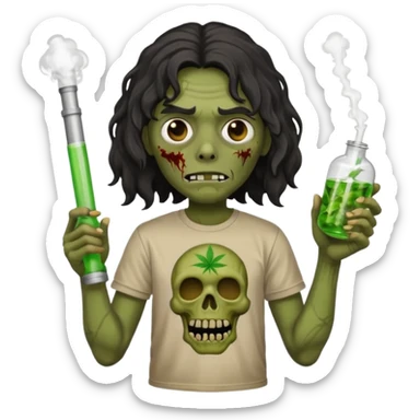 black mid long wavy haired zombie getting stoned with weed t shirt and bong on his hand sticker