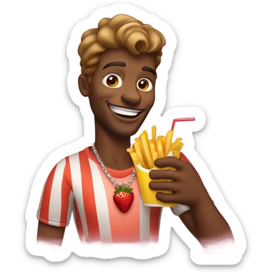smiling man with jewelry outdoors eating french fries with a strawberry lemonade in his hand sticker