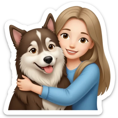 A beautiful girl with long straight hair happily hugs an Alaskan dog sticker