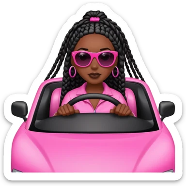 A dark-skinned Black woman with black box braids, driving a pink car sticker