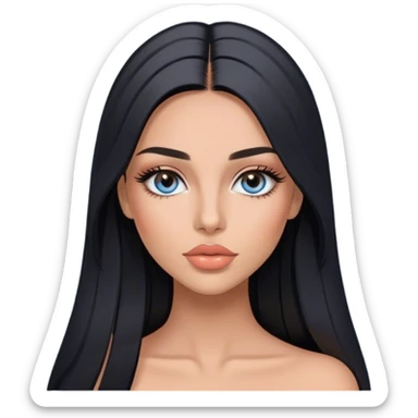 Glamours, tanned, very beautiful girl, with big pump peach-beige-rose lips, long long lashes, black straight smooth silky long hair, straight parting hair, blue-grey eyes sticker