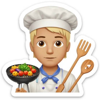 man with tied blond hair and and a white apron grilling vegetables on a sizzling grill sticker