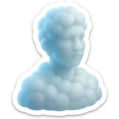 person looking straight, made entirely of white fluffy convex clouds, shoulder up, matte glass style, clouds more rounded, no background sticker