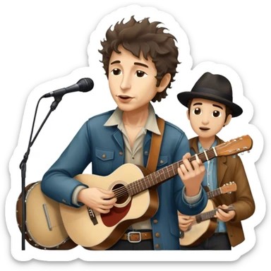 Icon for Folk Music: Bob Dylan with his harmonica and acoustic guitar, performing with his band on stage. The atmosphere should be intimate and nostalgic, capturing the soul of folk music with simple instruments and natural vibes. Transparent background. sticker