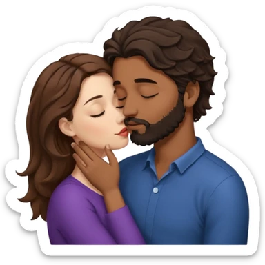 White woman (brown hair with eyes closed) kissing the top of the head (forehead) of brown man with black wavy hair (has a a beard with his eyes closed too). Woman has her lips to the forehead of the man, kissing him. sticker
