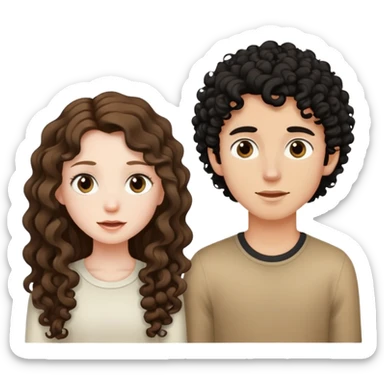 long light brown hair girl with pale skin and boy with black curly hair and tanned skin looking at each other sticker