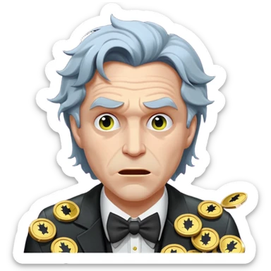 disheveled bat man losing money at a slot machine, panicked face, coins flying sticker