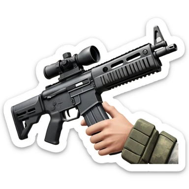 hands gripping an assault rifle or pistol in the foreground, inspired by Call of Duty Modern Warfare 2. The background features a battlefield with enemies in the distance, creating a tense and action-packed atmosphere. Transparent background highlights the focus on the weapon and combat. sticker