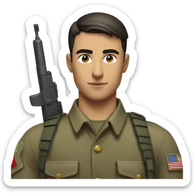 "A young man with short-cropped dark hair, a sharp jawline, and a smug expression. He wears a clean military uniform, holds a rifle, and stands confidently in a field." sticker