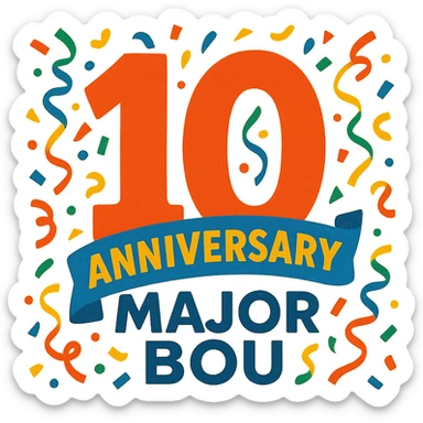 Celebratory 10th anniversary logo for Major Bou with confetti and a festive color palette sticker