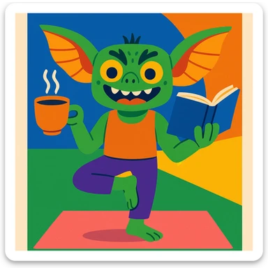 fun and whimsical gremlin holding a cup of tea, doing yoga and reading a book sticker